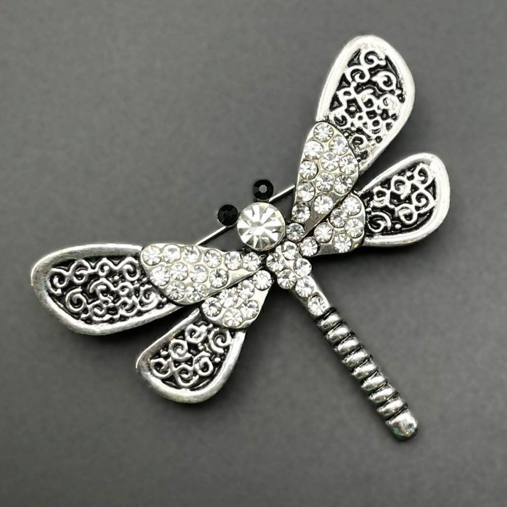 Silver with White Diamond and Onyx Crystal Filigree Dragonfly Pin Back Brooch
